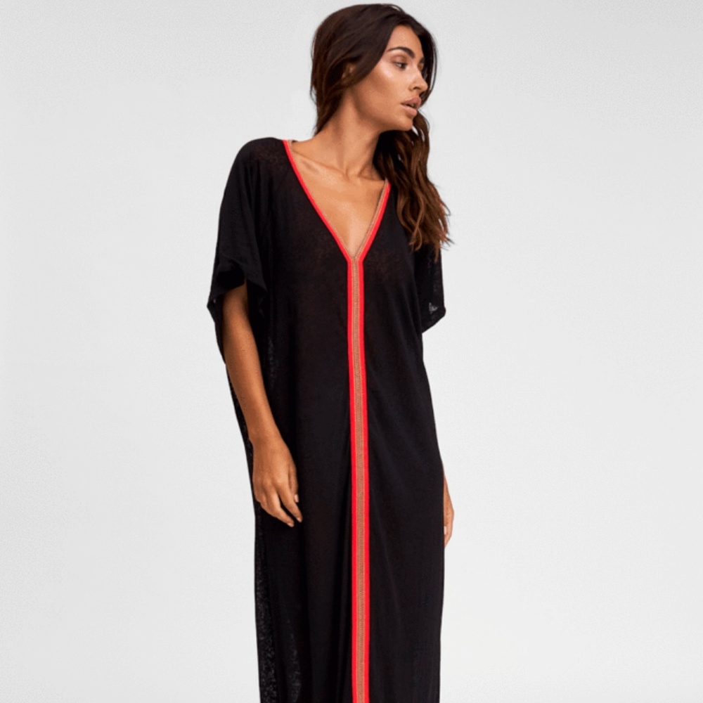 Pitusa Inca Maxi Dress, Black w/Fuchsia, One Size